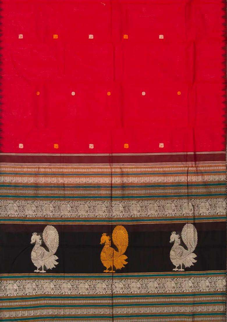 Red Handloom Kanchi Cotton Saree With Buttas Contrast Silk Border With Buttas And Brocade Design For Women - Indya