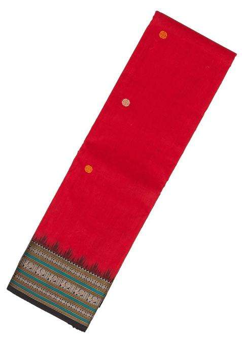 Red Handloom Kanchi Cotton Saree With Buttas Contrast Silk Border With Buttas And Brocade Design For Women