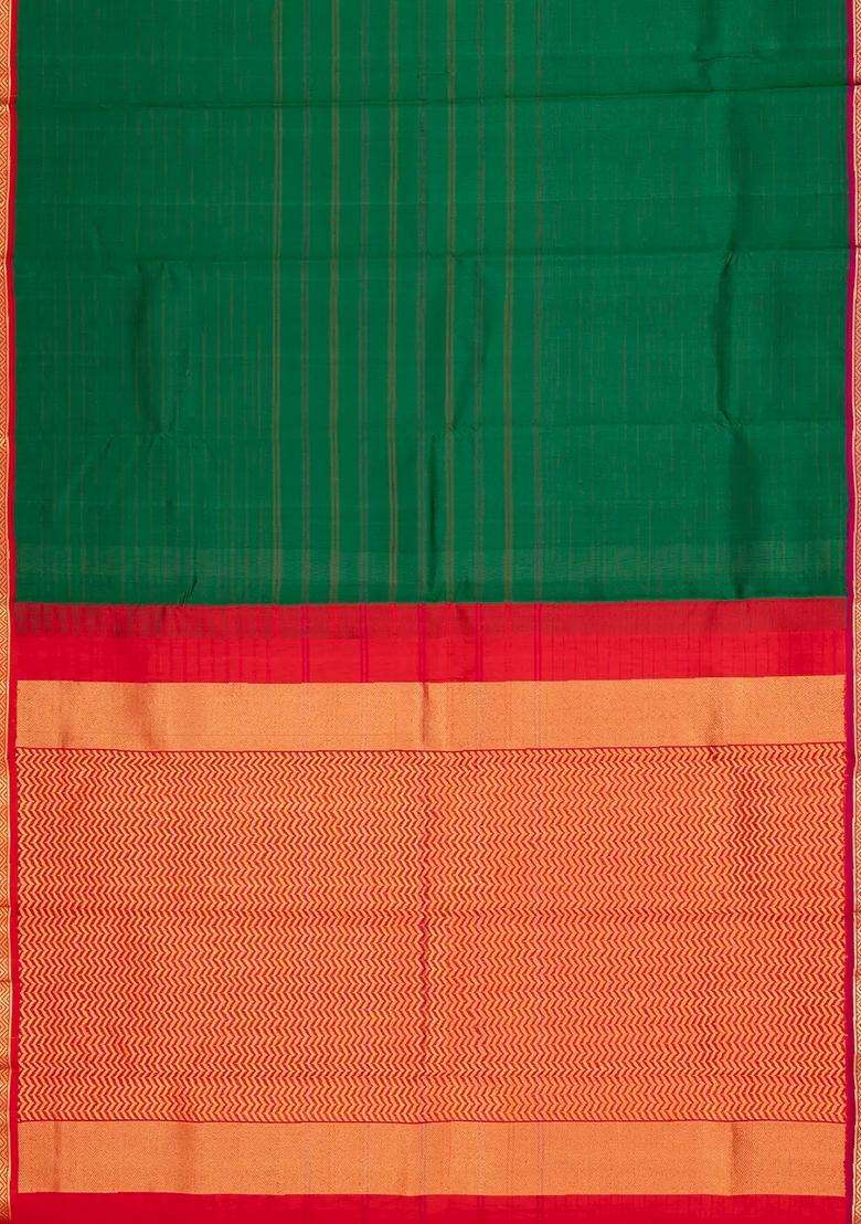 Dark Green Handloom Soft Silk Saree With Contrast Ganga Jamuna Border With Traditional Woven Design For Women - Indya