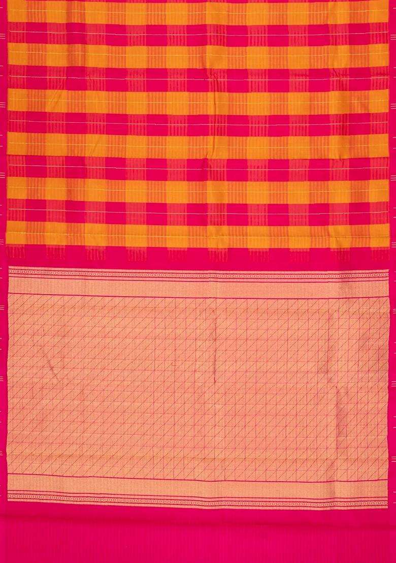 Pink Mustard Handloom Soft Silk Saree With Stripes Buttas With Buttas And Brocade Design For Women - Indya
