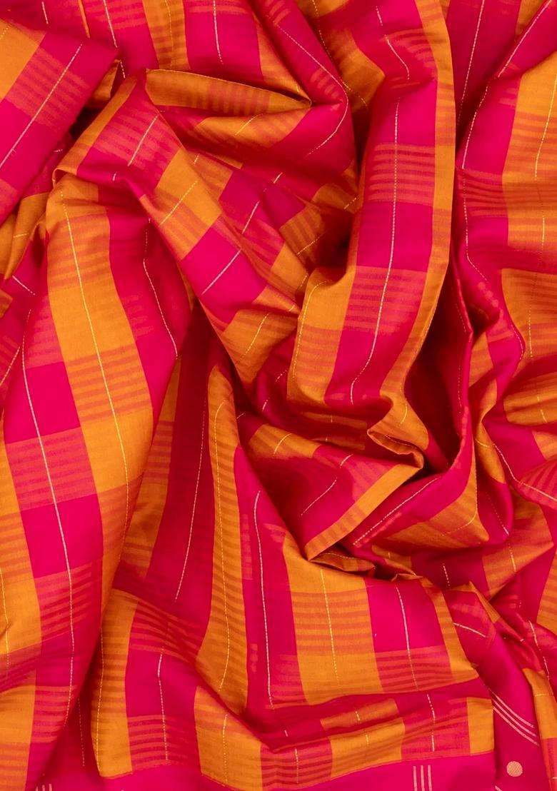 Pink Mustard Handloom Soft Silk Saree With Stripes Buttas With Buttas And Brocade Design For Women - Indya