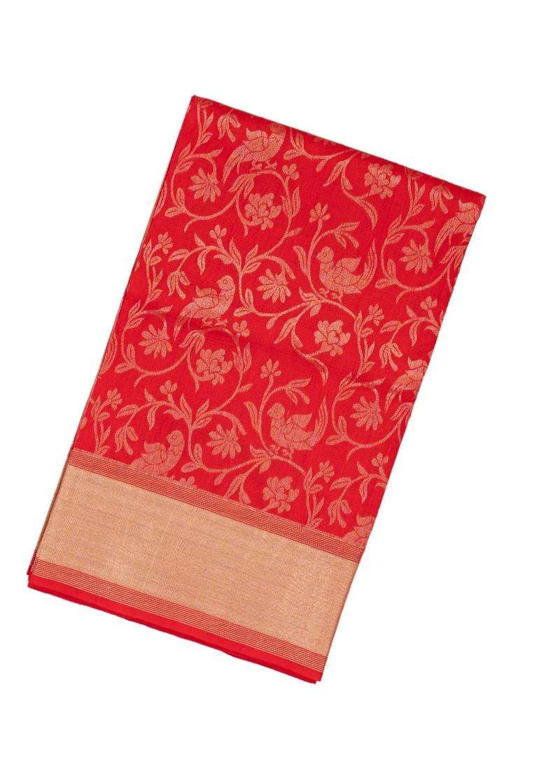 Red Handloom Soft Silk Saree With Bird Vine Motifs With Buttas And Brocade Design For Women - Indya