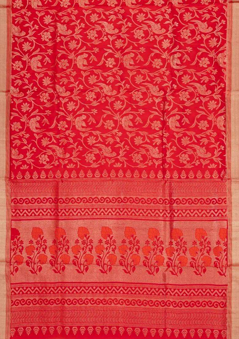 Red Handloom Soft Silk Saree With Bird Vine Motifs With Buttas And Brocade Design For Women - Indya
