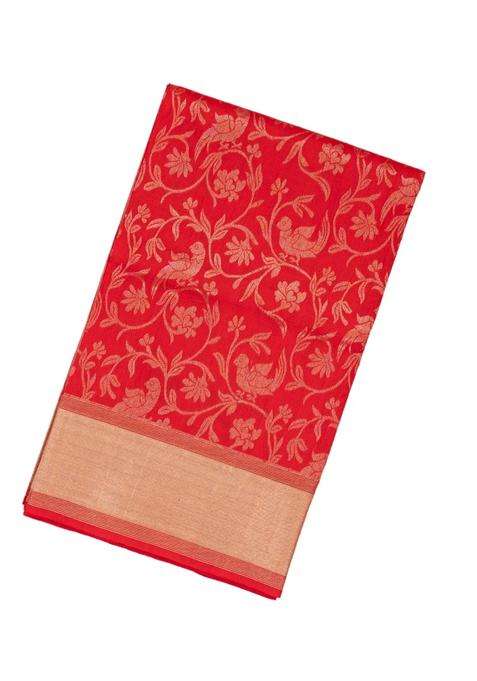 Red Handloom Soft Silk Saree With Bird Vine Motifs With Buttas And Brocade Design For Women