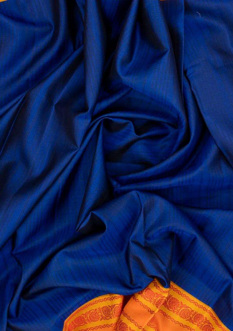 Blue Handloom Soft Silk Saree With Stripes Contrast Border With Checks And Stripes Design For Women - Indya