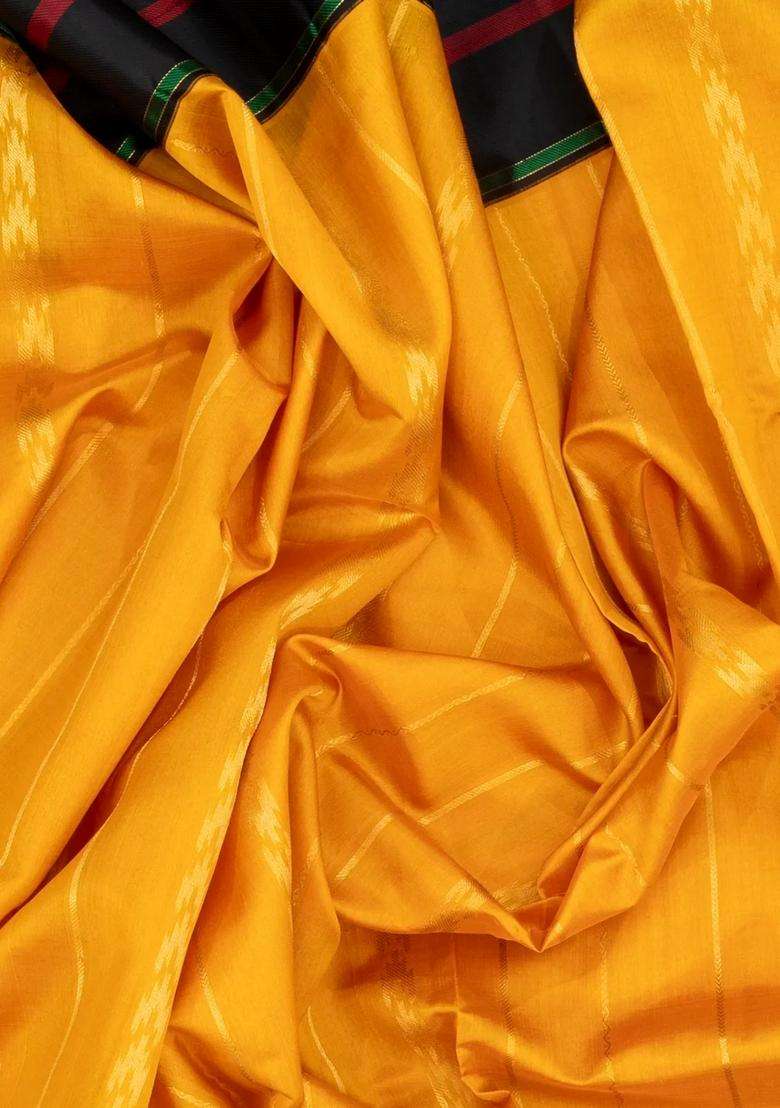 Mustard Handloom Soft Silk Saree With Zari Stripes Contrast Border With Checks And Stripes Design For Women - Indya