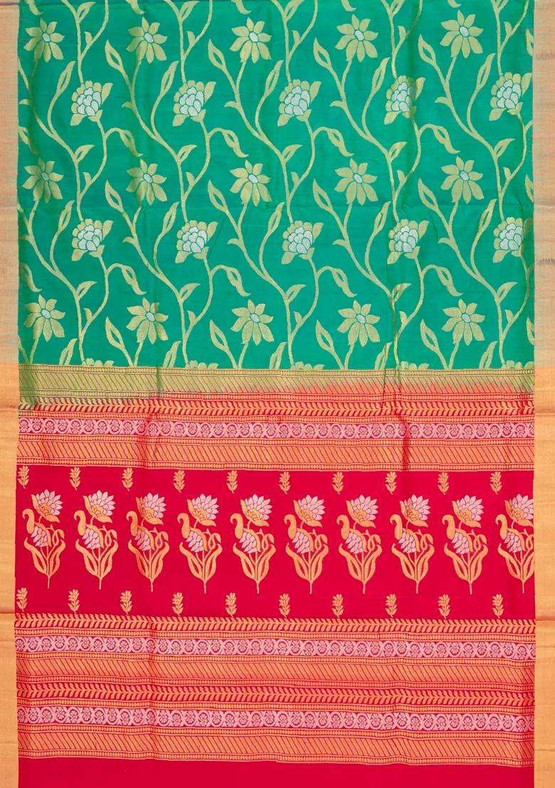 Aquamarine Handloom Soft Silk Saree With Floral Vine Motifs With Buttas And Brocade Design For Women - Indya