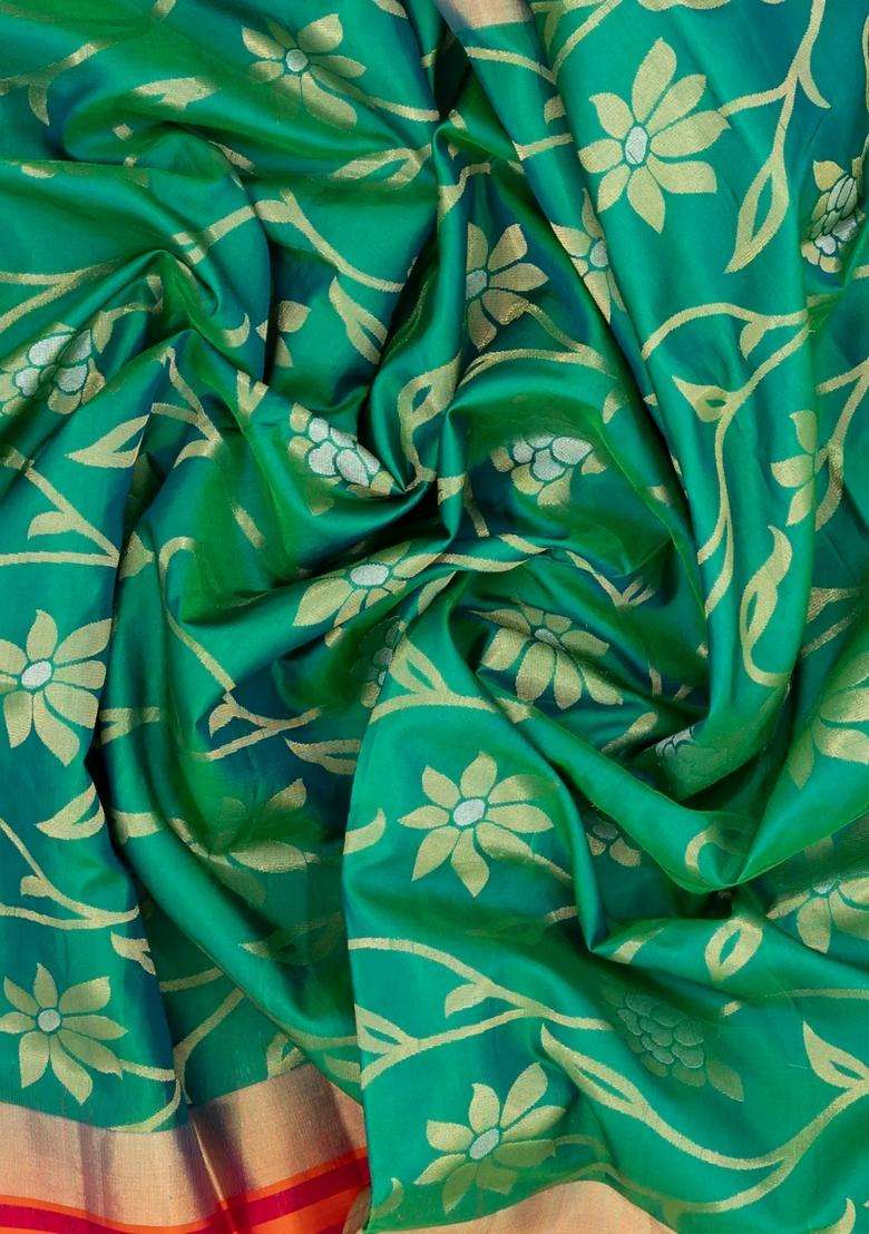 Aquamarine Handloom Soft Silk Saree With Floral Vine Motifs With Buttas And Brocade Design For Women - Indya