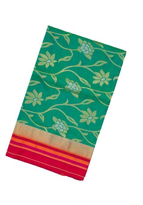 Aquamarine Handloom Soft Silk Saree With Floral Vine Motifs With Buttas And Brocade Design For Women