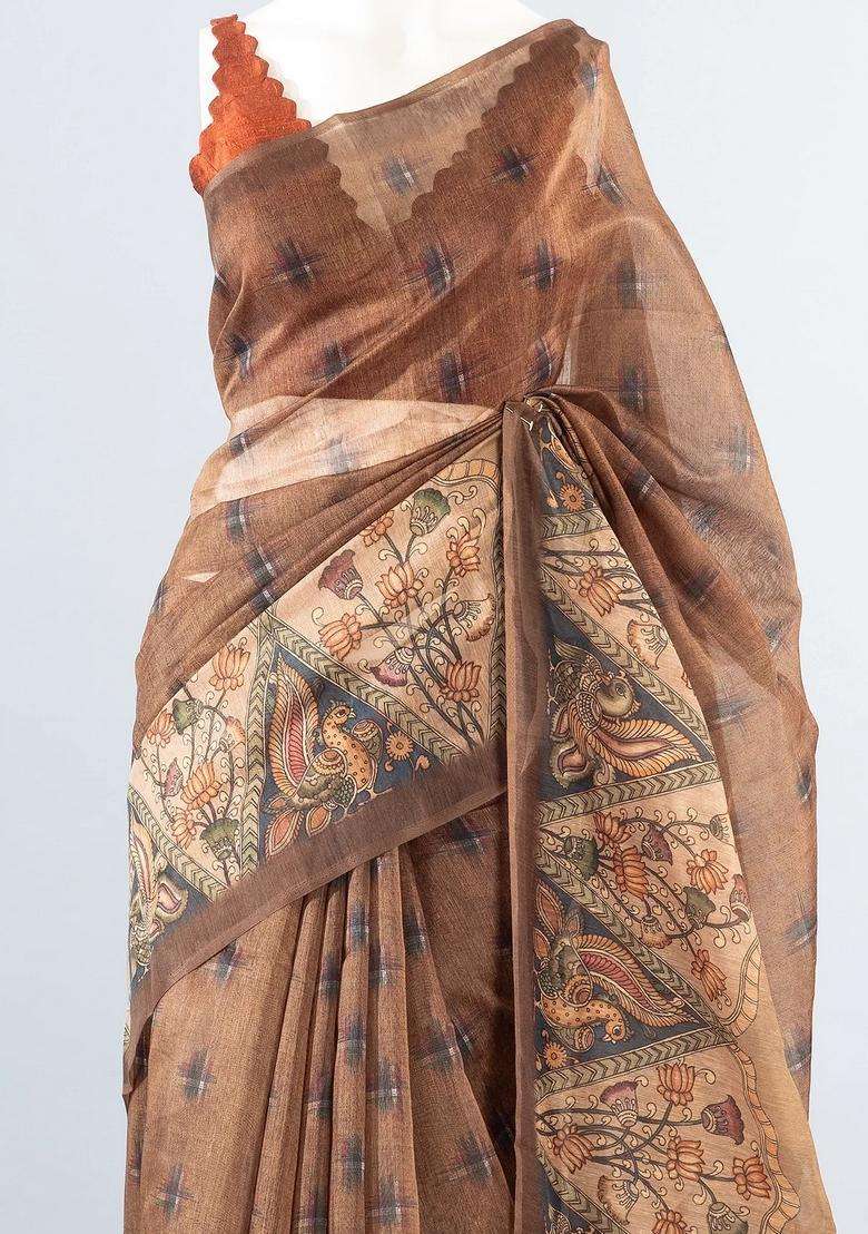Brown Woven Art Chanderi Silk Cotton Saree With Printed Floral Motifs For Women - Indya