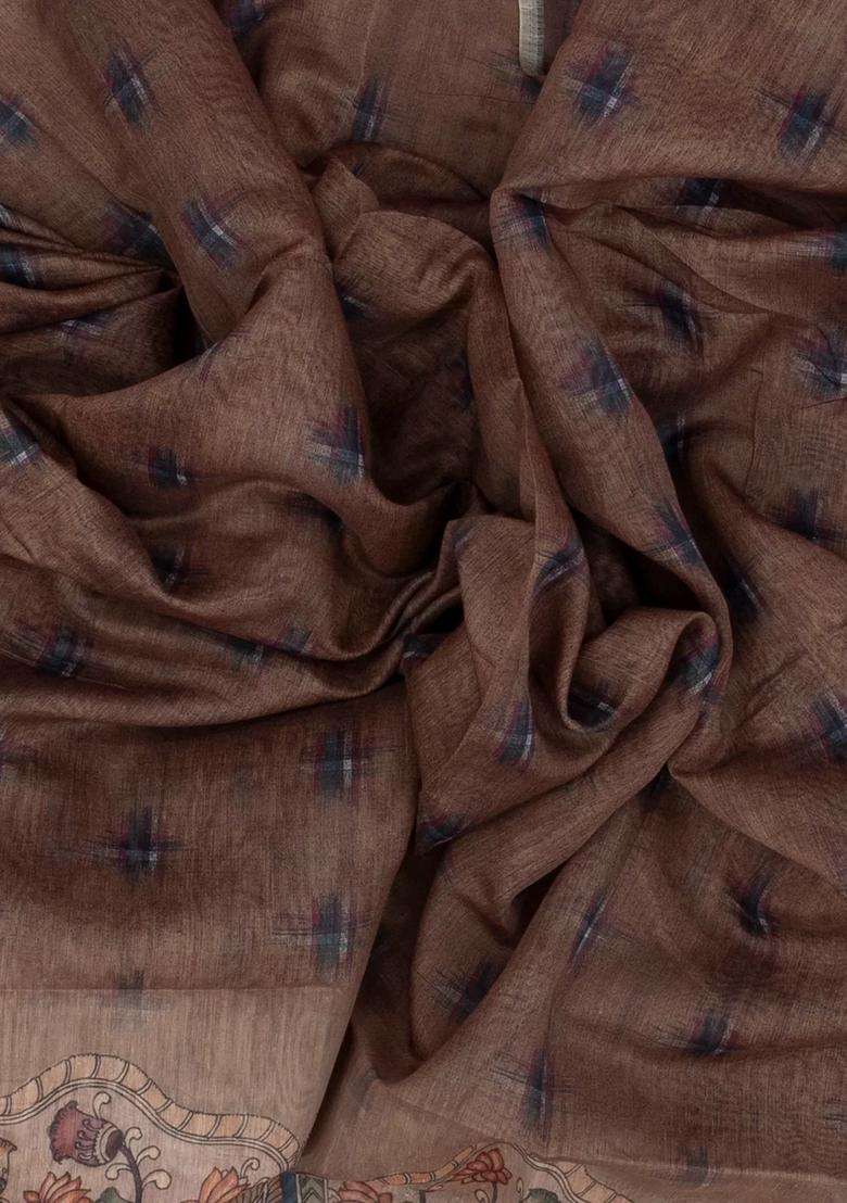 Brown Woven Art Chanderi Silk Cotton Saree With Printed Floral Motifs For Women - Indya