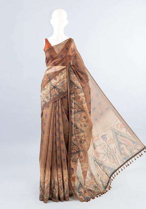 Brown Woven Art Chanderi Silk Cotton Saree With Printed Floral Motifs For Women