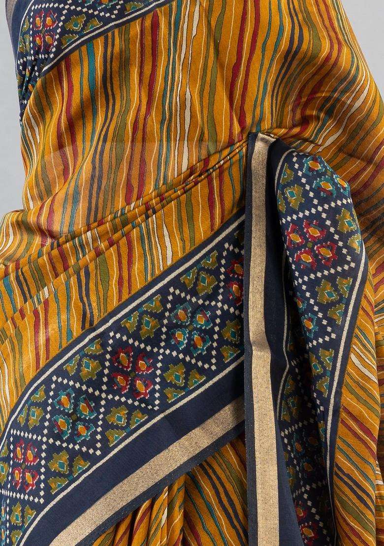 Mustard Woven Art Chanderi Silk Cotton Saree With Printed Floral Motifs For Women - Indya