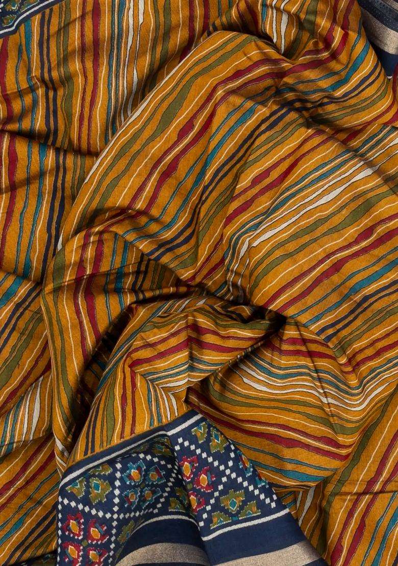 Mustard Woven Art Chanderi Silk Cotton Saree With Printed Floral Motifs For Women - Indya