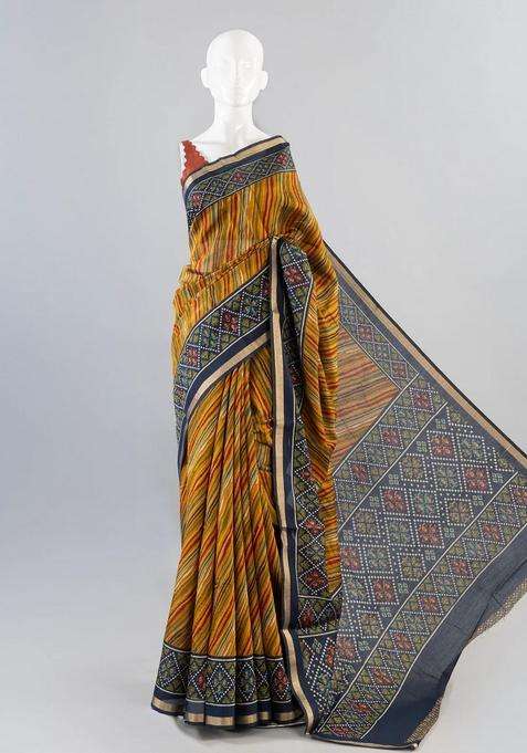 Mustard Woven Art Chanderi Silk Cotton Saree With Printed Floral Motifs For Women