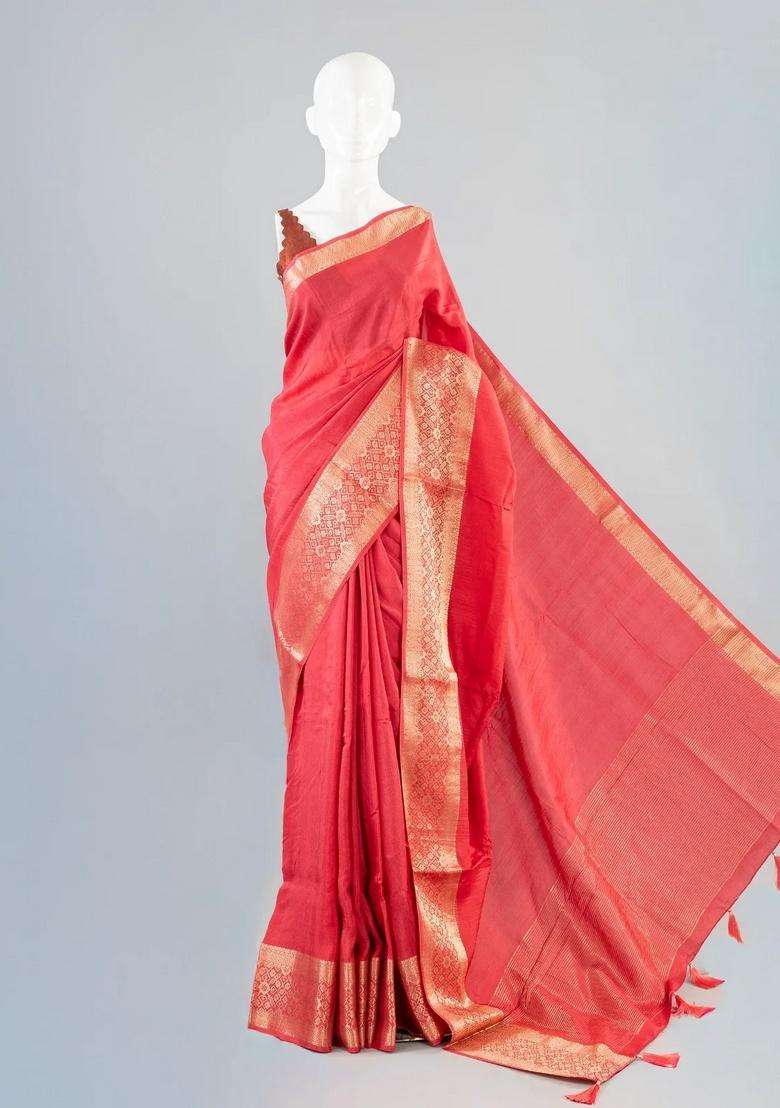 Red Woven Art Tussar Saree With Plain Body Zari Border With Traditional Woven Design For Women - Indya