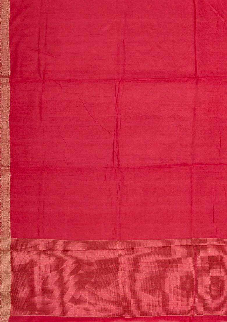 Red Woven Art Tussar Saree With Plain Body Zari Border With Traditional Woven Design For Women - Indya