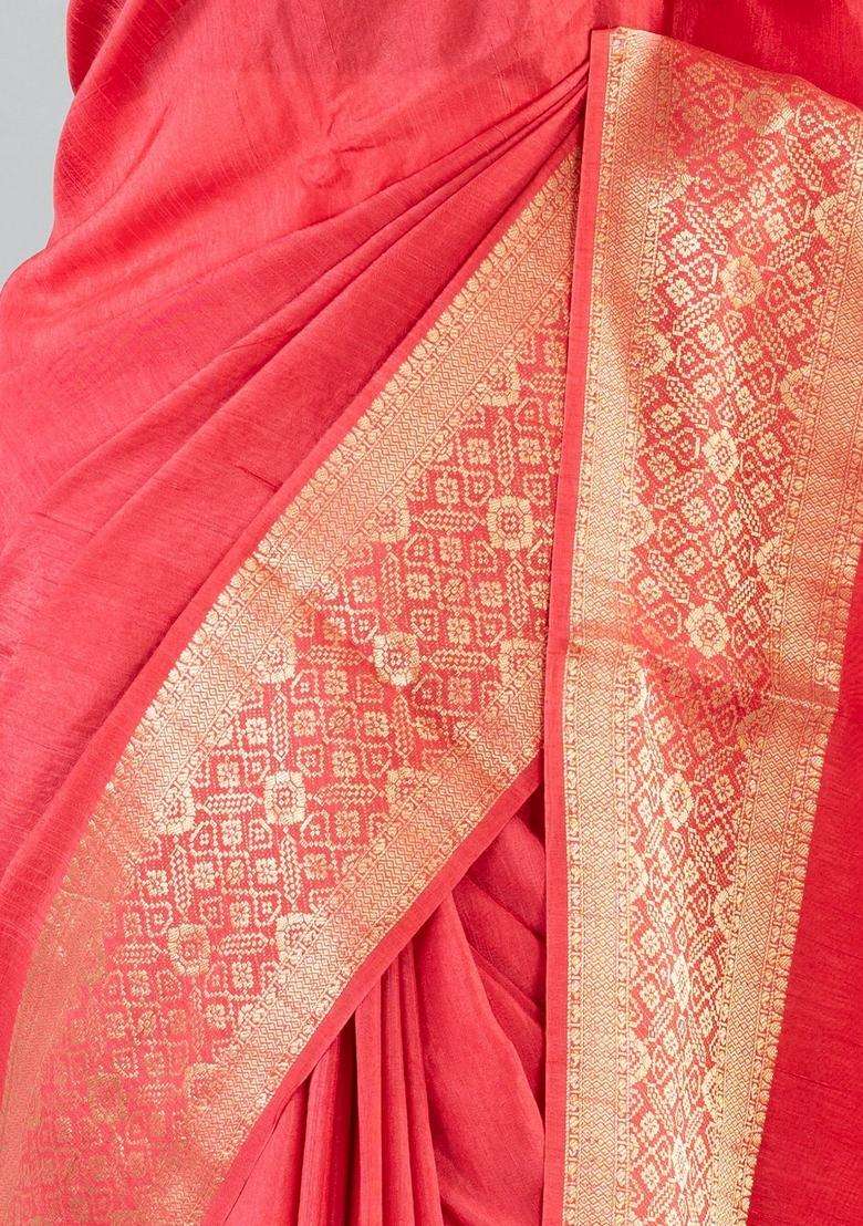 Red Woven Art Tussar Saree With Plain Body Zari Border With Traditional Woven Design For Women - Indya