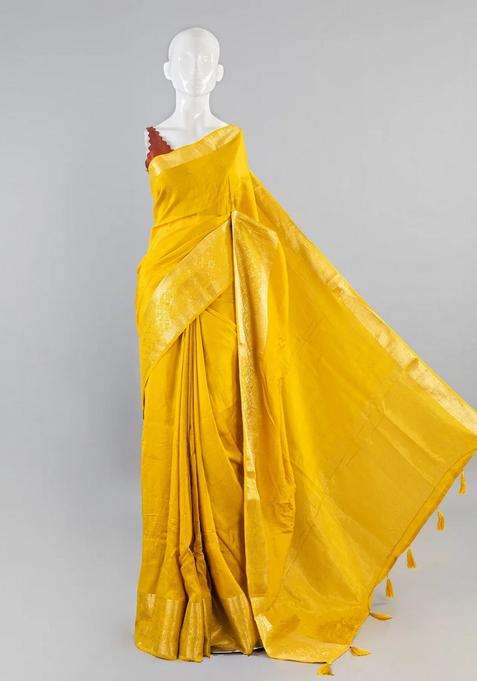 Mustard Woven Art Dola Viscose Art Silk Saree With Floral Zari Motifs With Traditional Woven Design For Women