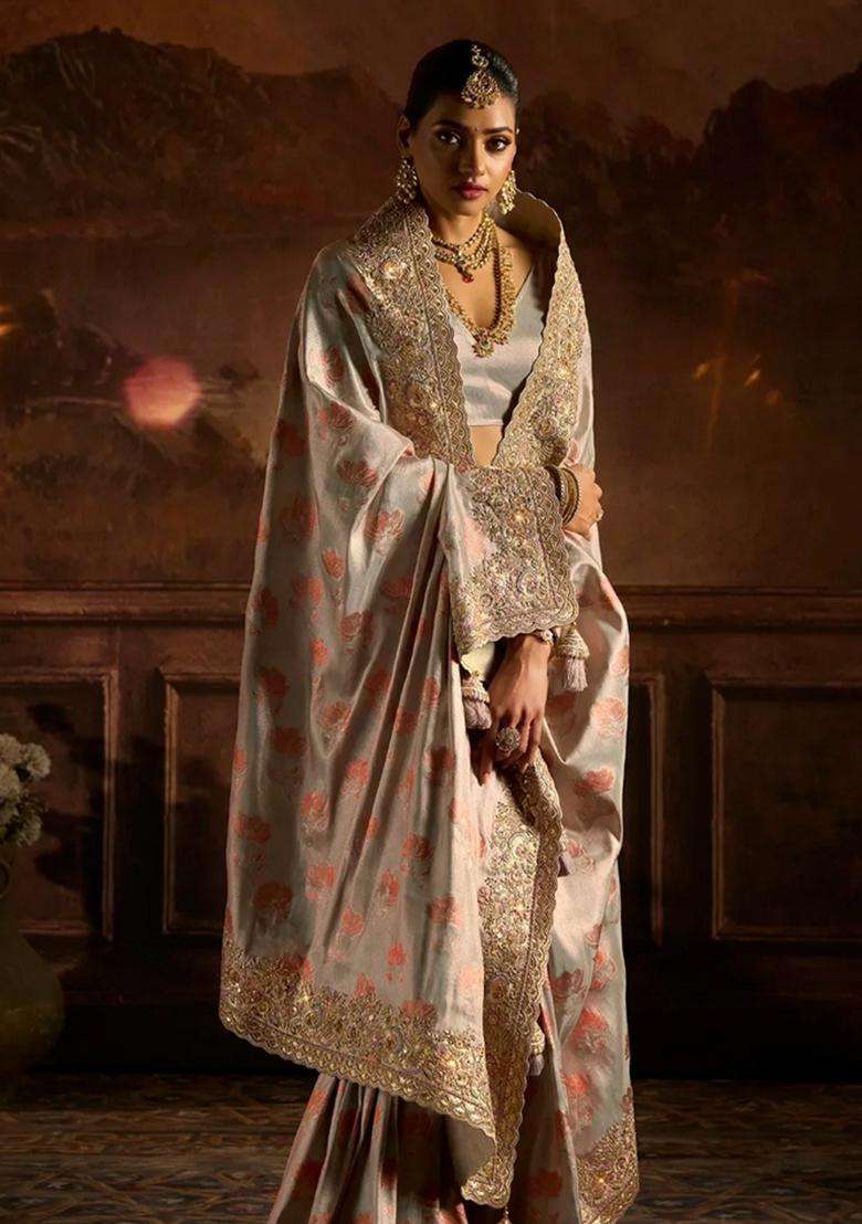 Grey Woven Blended Satin Art Silk Saree With Heavy Zardosi Work With Embroidered Design For Women - Indya