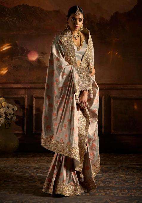 Grey Woven Blended Satin Art Silk Saree With Heavy Zardosi Work With Embroidered Design For Women