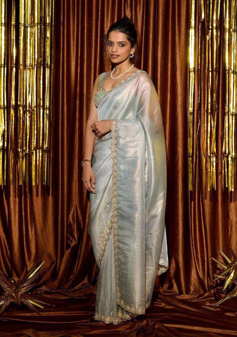 Light Blue Woven Organza Tissue Saree With Embroidered Floral Motifs For Women - Indya