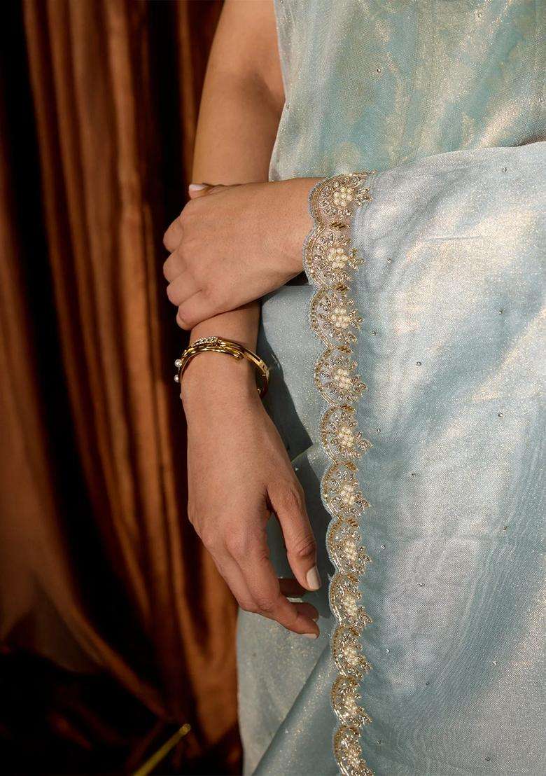 Light Blue Woven Organza Tissue Saree With Embroidered Floral Motifs For Women - Indya