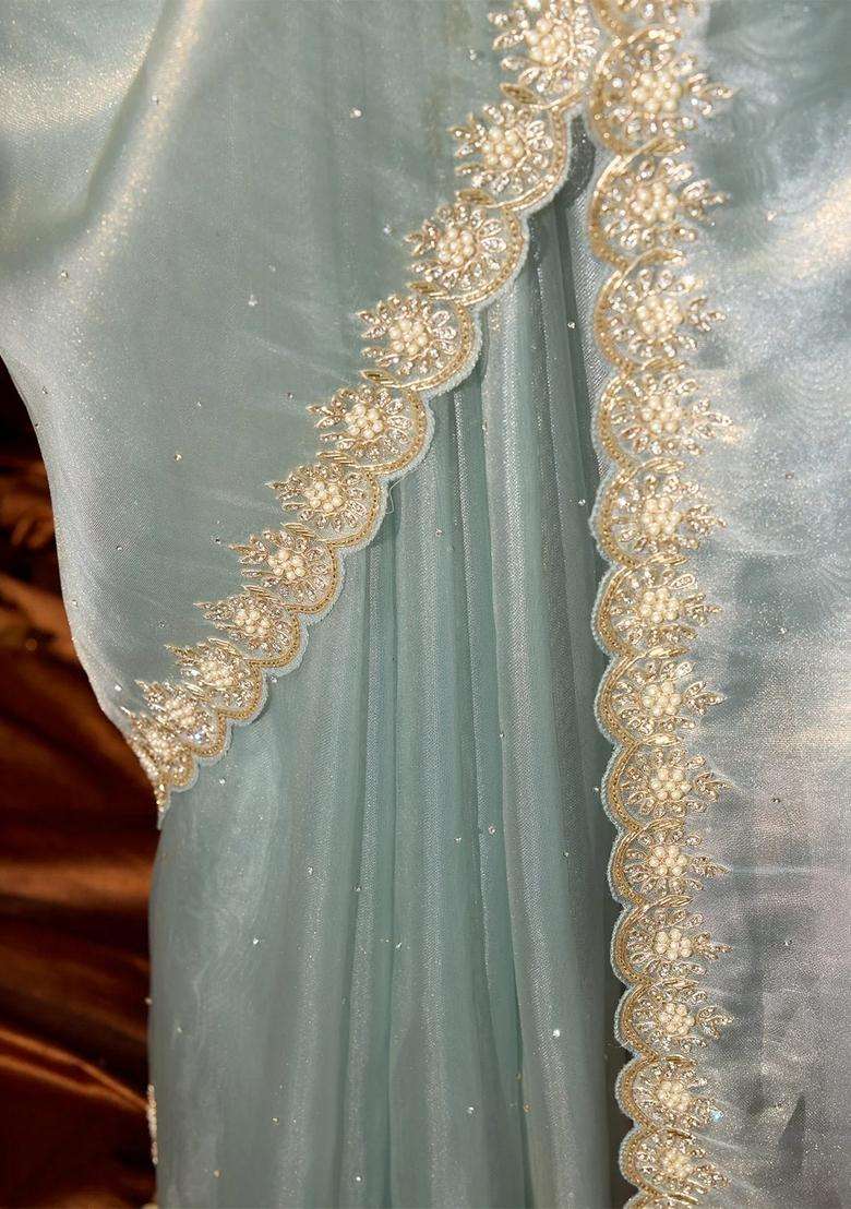 Light Blue Woven Organza Tissue Saree With Embroidered Floral Motifs For Women - Indya