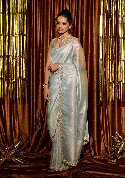 Light Blue Woven Organza Tissue Saree With Embroidered Floral Motifs For Women
