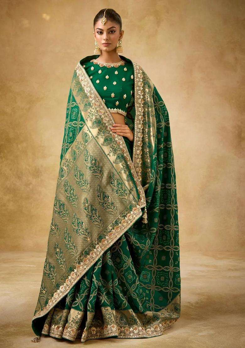Dark Green Woven Blended Silk Saree With Heavy Embroidery Zircon Moti Work With Embroidered Design For Women - Indya