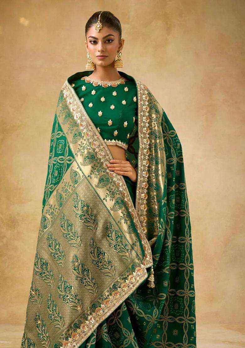 Dark Green Woven Blended Silk Saree With Heavy Embroidery Zircon Moti Work With Embroidered Design For Women - Indya