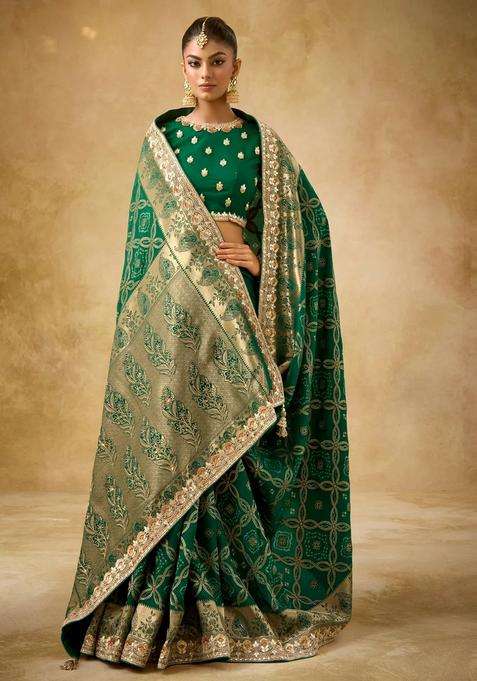 Dark Green Woven Blended Silk Saree With Heavy Embroidery Zircon Moti Work With Embroidered Design For Women