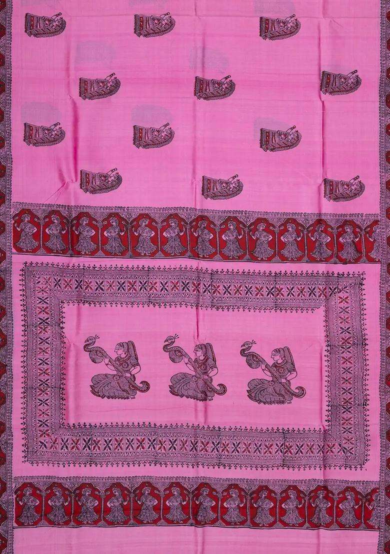 Bubblegum Pink Bubble Gum Pink Woven Tussar Silk Saree With Printed Dance Motifs For Women - Indya