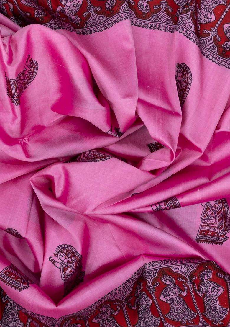 Bubblegum Pink Bubble Gum Pink Woven Tussar Silk Saree With Printed Dance Motifs For Women - Indya