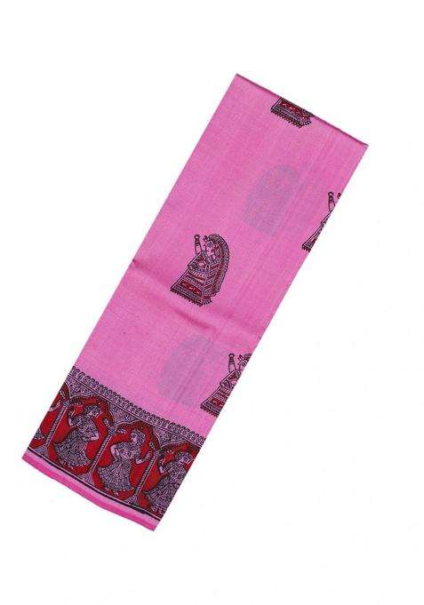 Bubblegum Pink Bubble Gum Pink Woven Tussar Silk Saree With Printed Dance Motifs For Women
