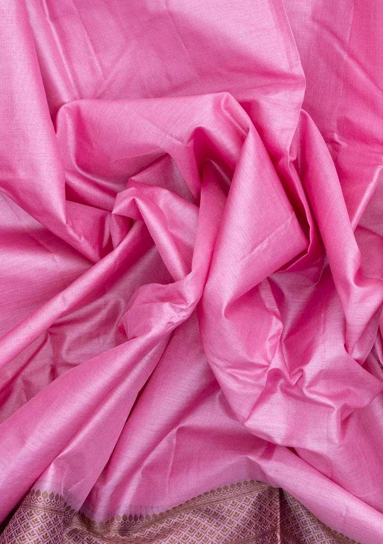 Bubblegum Pink Woven Tussar Silk Saree With Silk Thread Work Border With Traditional Woven Design For Women - Indya