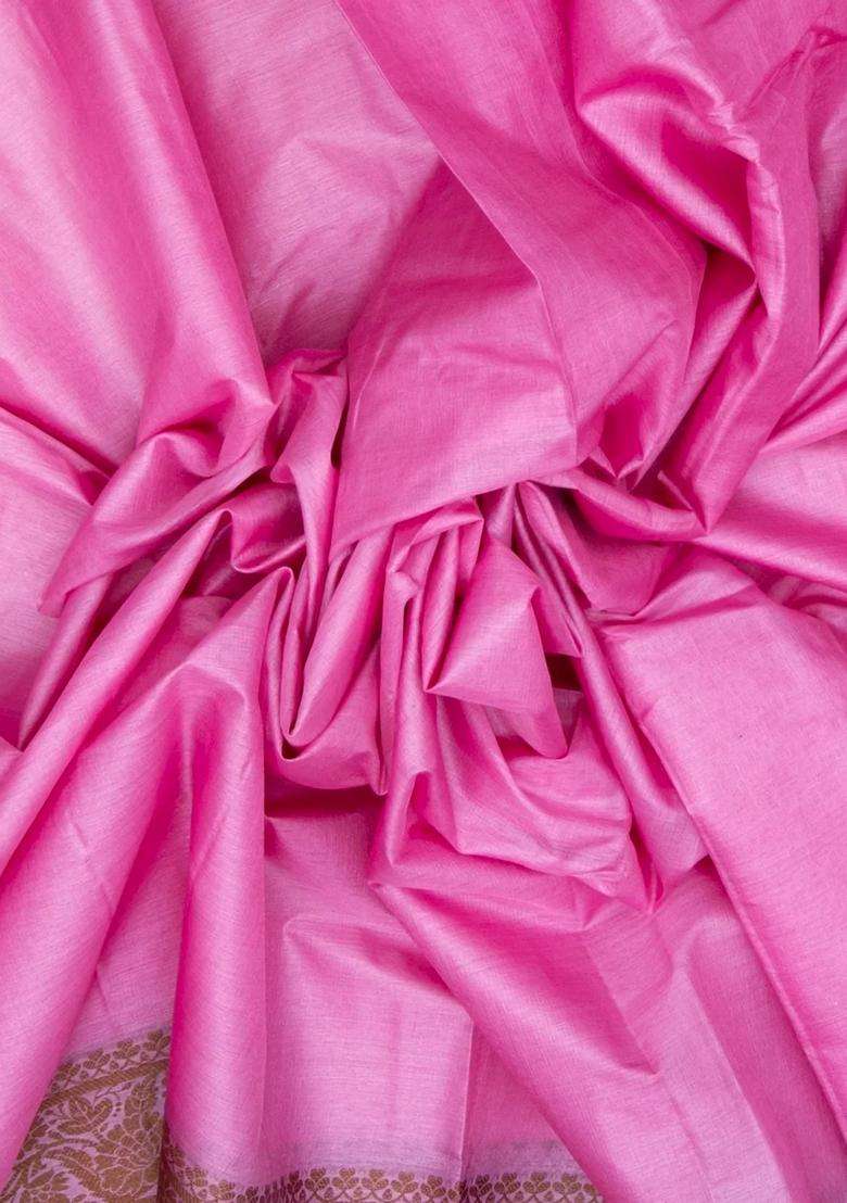 Bubblegum Pink Woven Tussar Silk Saree With Silk Thread Work Border With Traditional Woven Design For Women - Indya