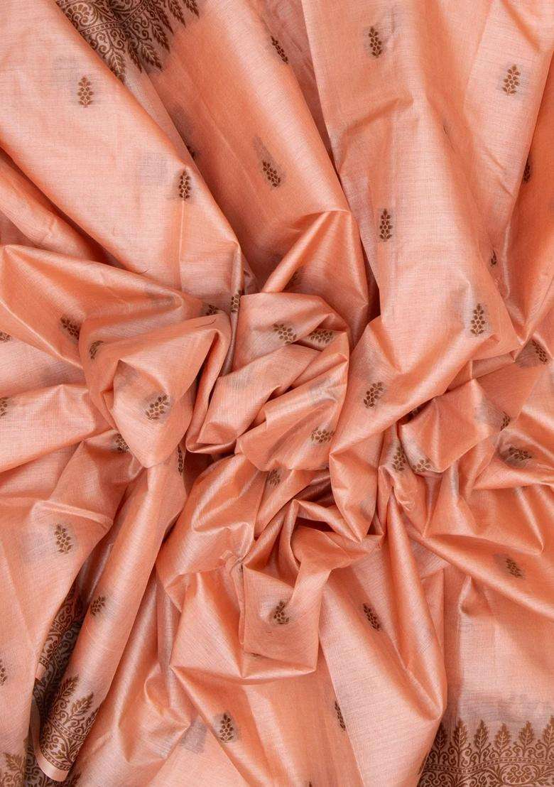Light Peach Woven Tussar Silk Saree With Floral Motifs With Printed Design For Women - Indya