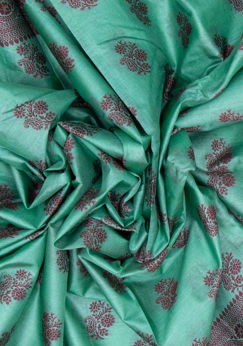 Turquoise Woven Tussar Silk Saree With Floral Motifs With Buttas And Brocade Design For Women - Indya