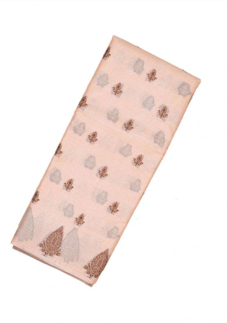 Light Peach Woven Tussar Silk Saree With Floral Buttas With Buttas And Brocade Design For Women - Indya