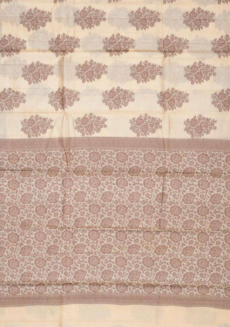 Cream Woven Tussar Silk Saree With Floral Butta Motifs With Printed Design For Women - Indya