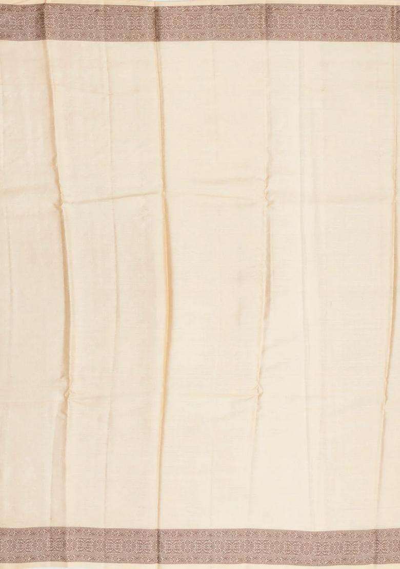 Cream Woven Tussar Silk Saree With Floral Butta Motifs With Printed Design For Women - Indya