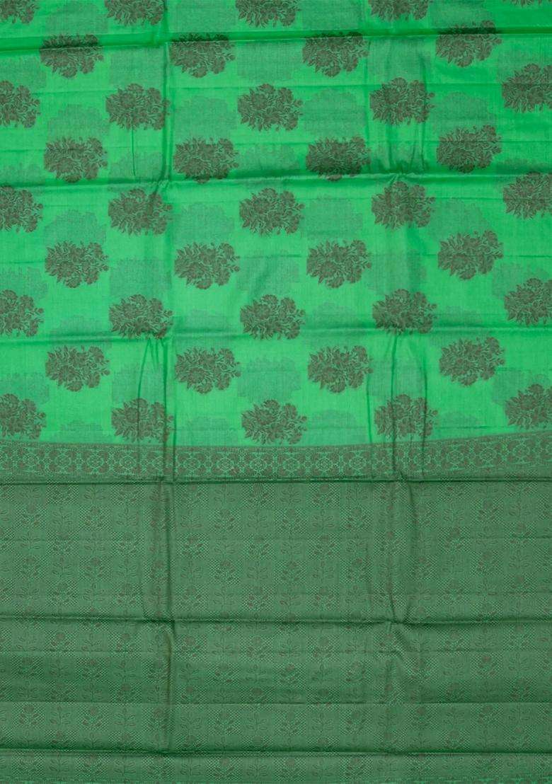 Green Woven Tussar Silk Saree With Floral Buttas With Buttas And Brocade Design For Women - Indya