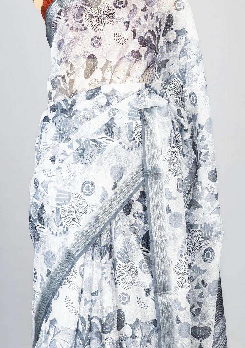 Off White Woven Synthetic Jute Art Silk Saree With Printed Floral Motifs For Women - Indya