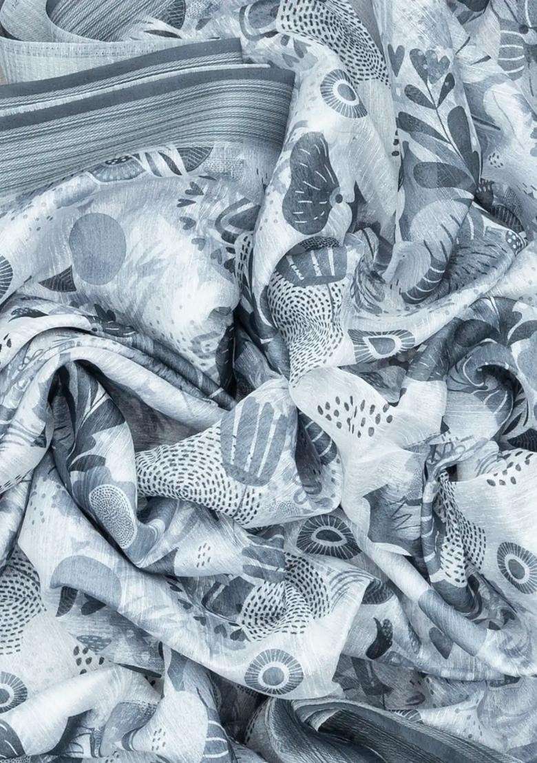 Off White Woven Synthetic Jute Art Silk Saree With Printed Floral Motifs For Women - Indya