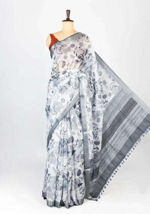 Off White Woven Synthetic Jute Art Silk Saree With Printed Floral Motifs For Women
