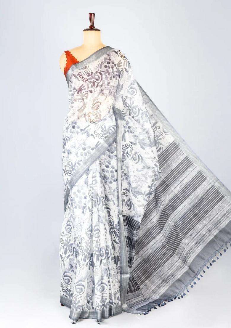 Off White Woven Synthetic Jute Art Silk Saree With Printed Floral Motifs For Women - Indya