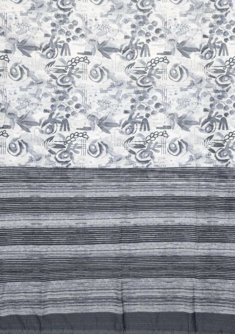 Off White Woven Synthetic Jute Art Silk Saree With Printed Floral Motifs For Women - Indya