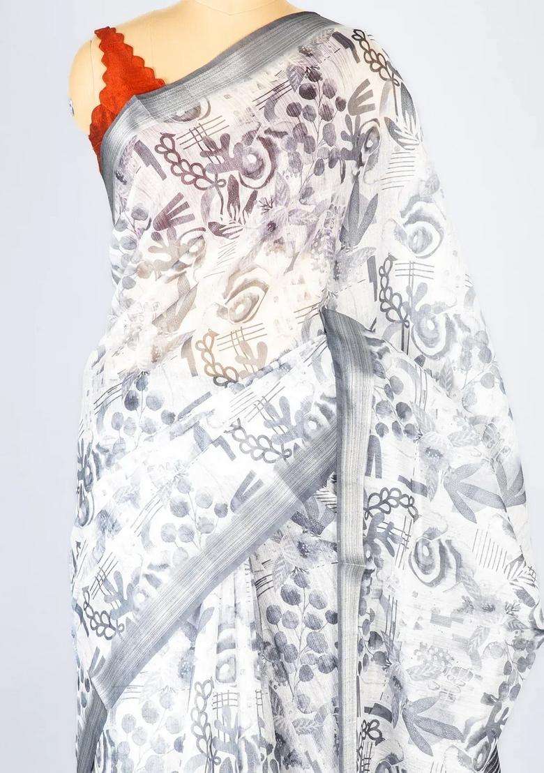 Off White Woven Synthetic Jute Art Silk Saree With Printed Floral Motifs For Women - Indya