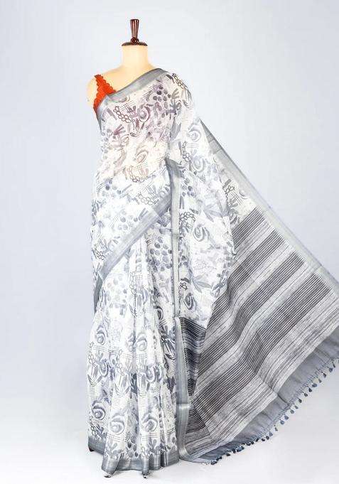 Off White Woven Synthetic Jute Art Silk Saree With Printed Floral Motifs For Women